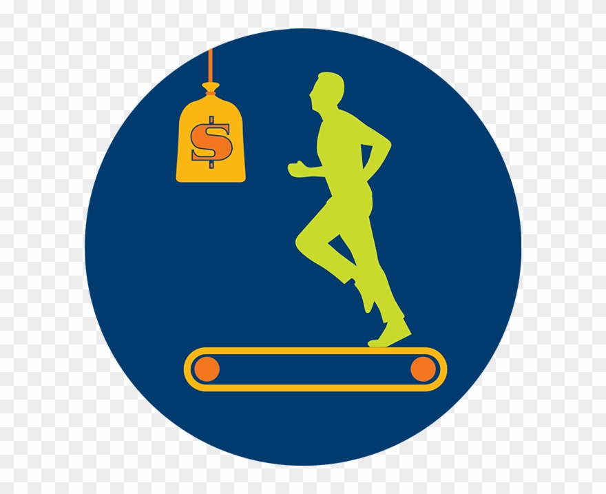 A Man Runs On A Treadmill, Chasing A Bag Of Money Hanging - Running Clipart