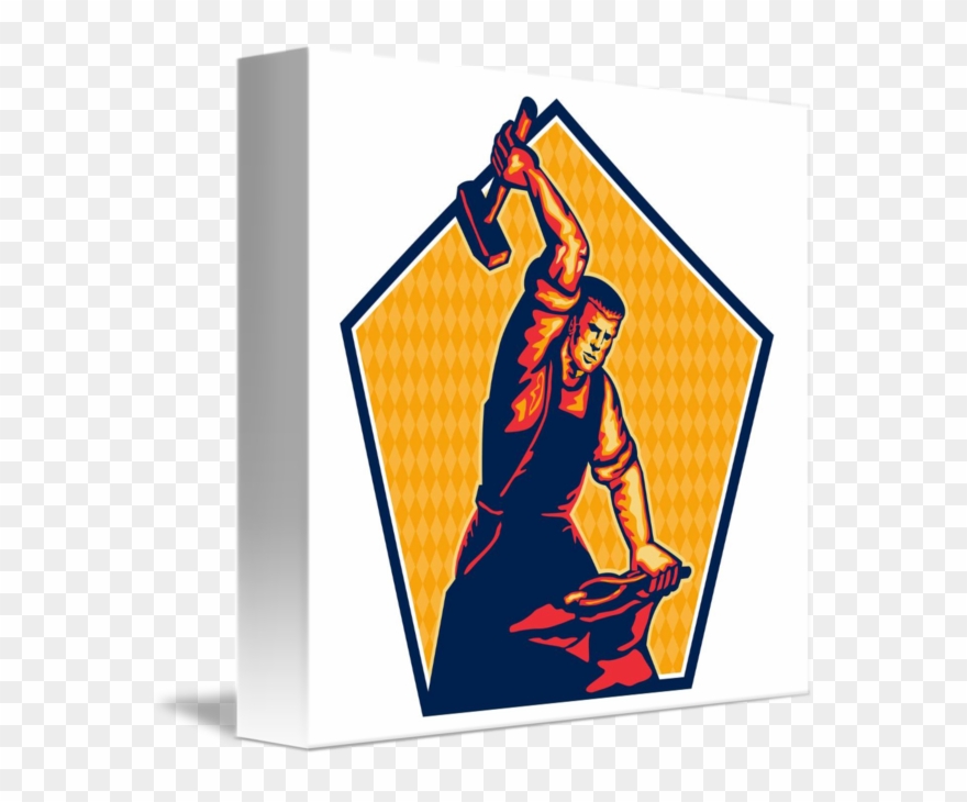 Blacksmith Worker Striking Sledgehammer Anvil Retr - Blacksmith Graphic Clipart