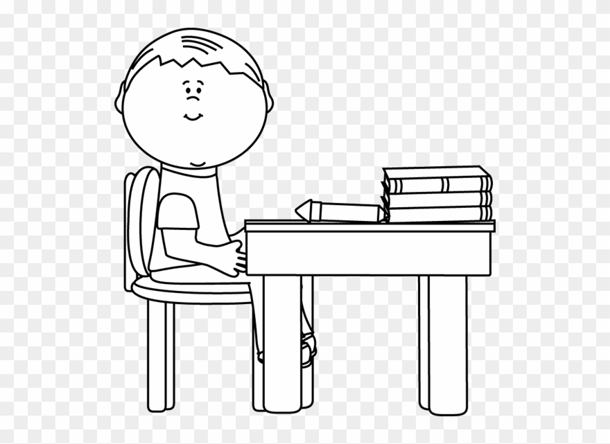 Black And White School Boy At Desk Clip Art - Sitting At A Desk Black And White - Png Download