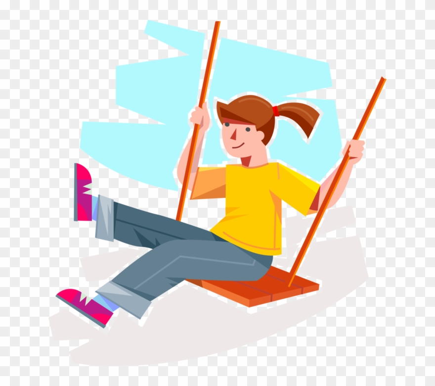 Vector Illustration Of Young Girl Swings On Playground - Swing Clipart