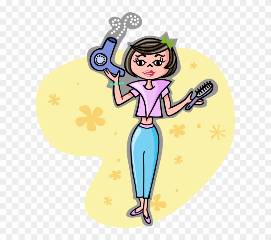 Vector Illustration Of Young Woman With Hair Dryer - Cartoon Blow Dryer Clipart