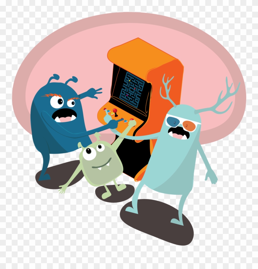 3 Monsters Playing An Arcade Game - Arcade Game Clipart