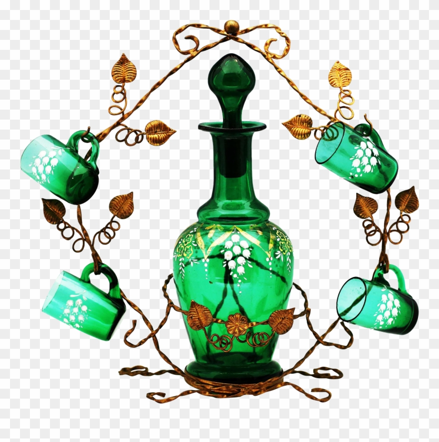 Antique French Emerald Green Glass Liquor Set, Decanter - Glass Clipart