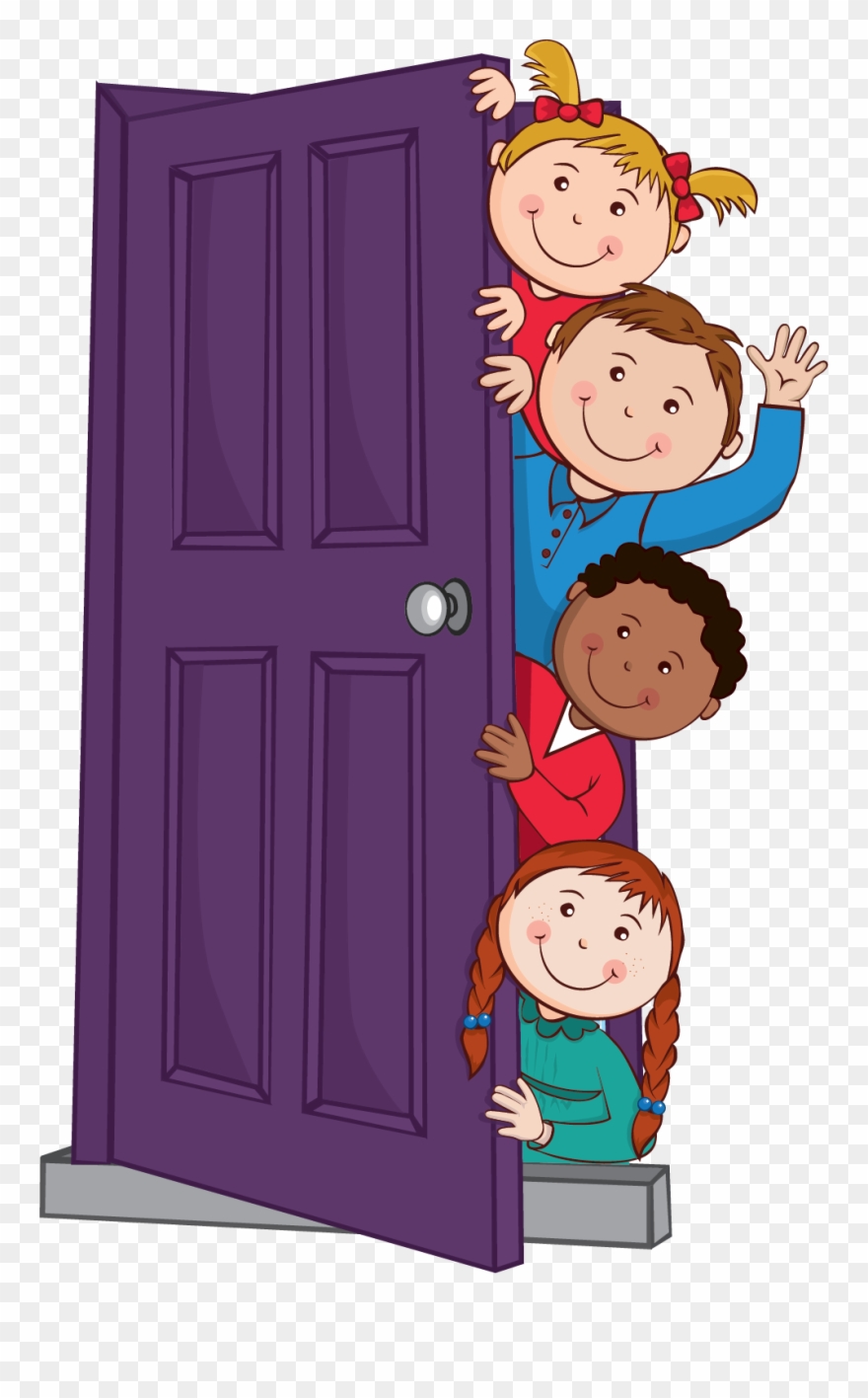 Kids Peeping Behind Door - Graphics Clipart