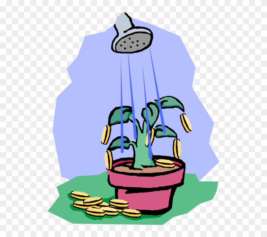Vector Illustration Of Water Can Watering Money Tree - Illustration Clipart