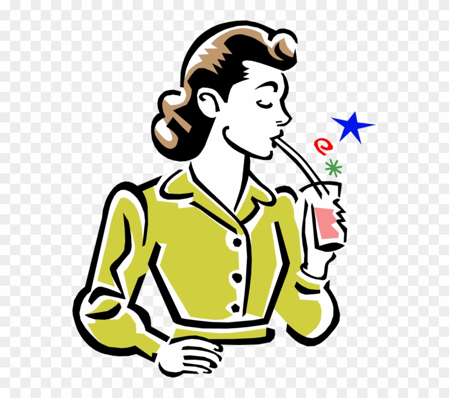 Vector Illustration Of 1950's Vintage Style Woman Drinking - Drinking A Soda Clipart