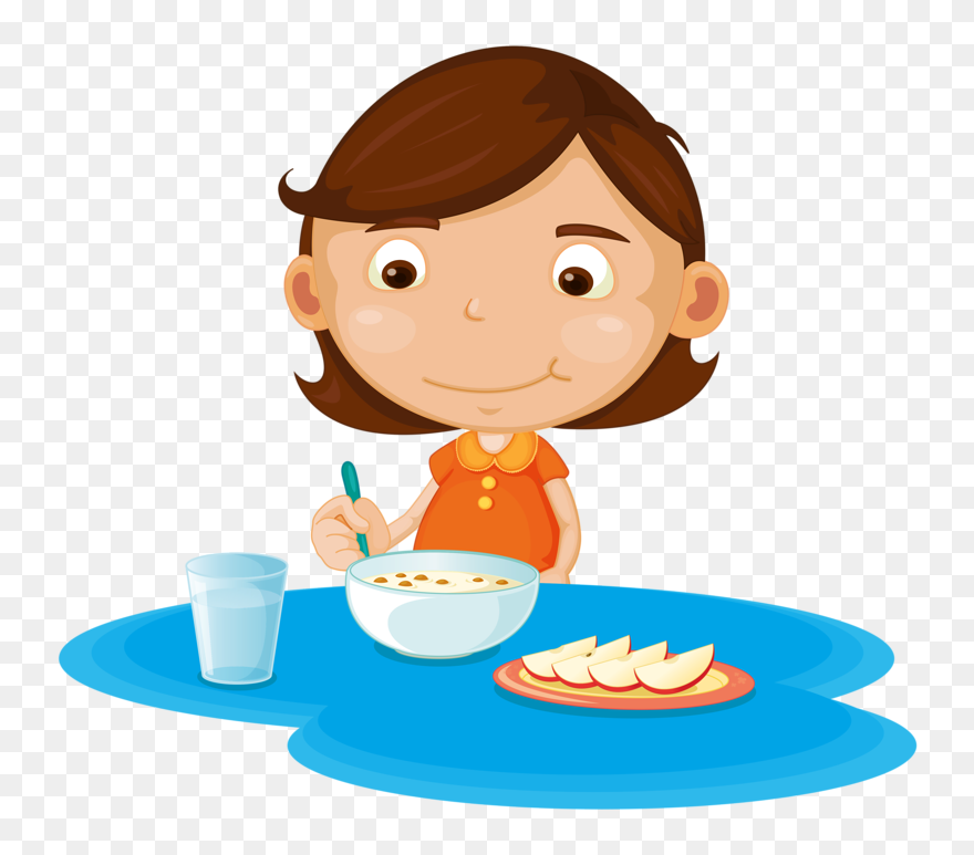 Girl Eating Cereal And Fruit - Girl Eating Breakfast Clipart
