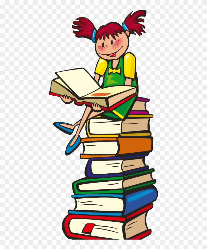 Drawing Of Child Sitting On Stack Of Books - Reading Clipart - Png Download