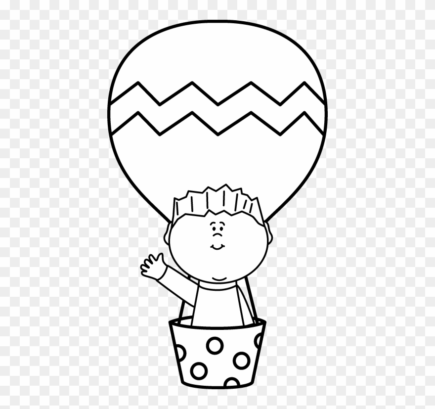 Black And White Boy In A Hot Air Balloon - Hot Air Balloon Black And White Clipart