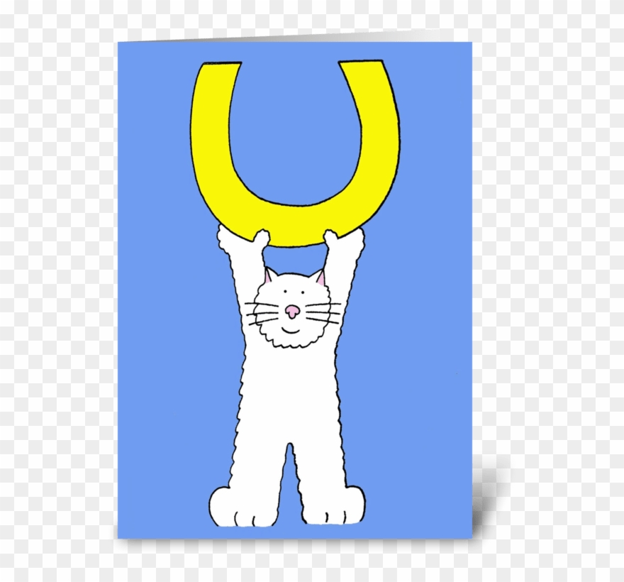 Good Luck Fluffy White Cat And Horseshoe Greeting Card - Weiße Katze Mit Pferdeschuh, Gutes Glück Postkarte Clipart