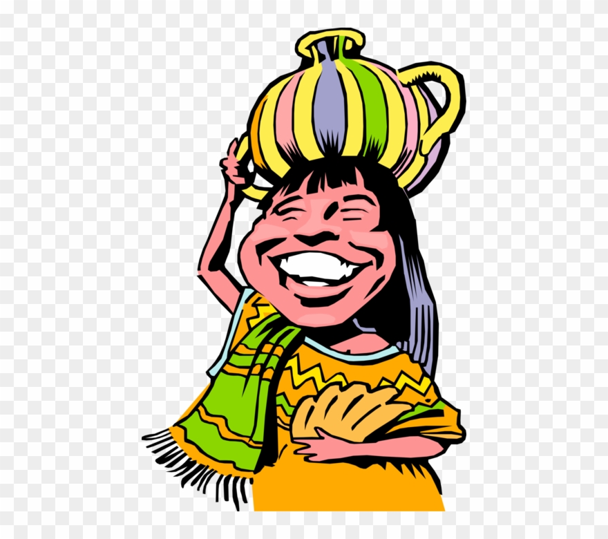 Vector Illustration Of Native South American Girl Carries - Girl Carrying Water On Her Head Cartoon Clipart