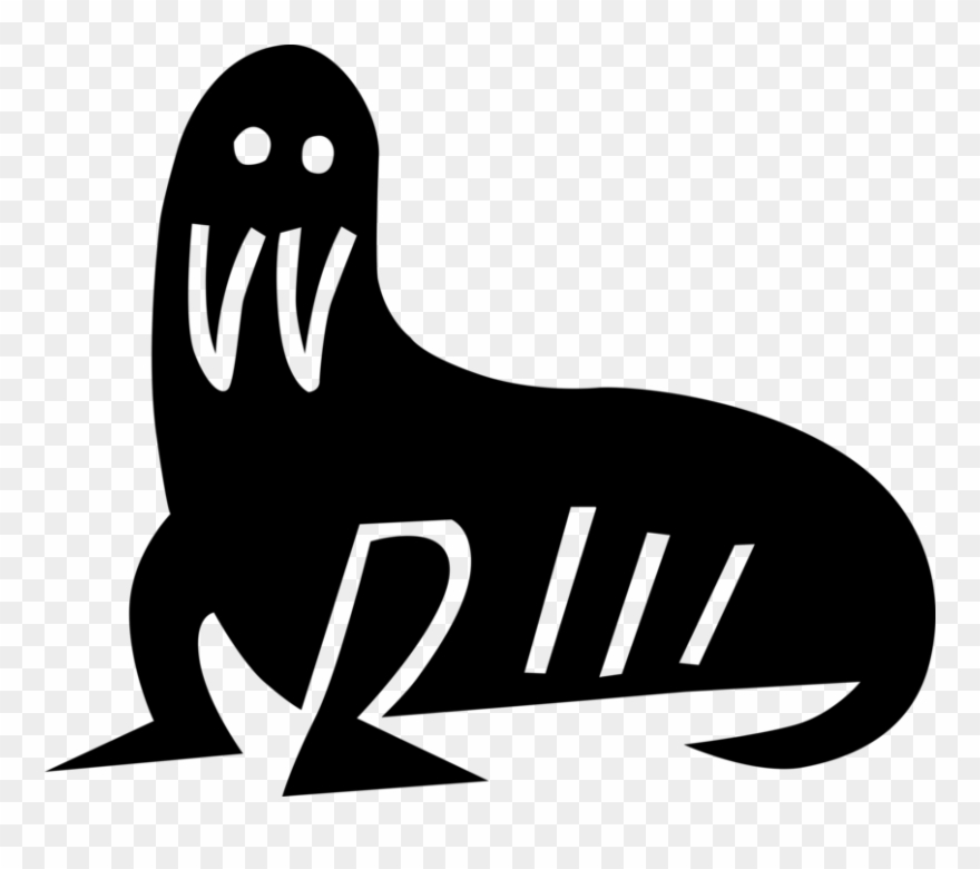 Vector Illustration Of Walrus With Tusks On Beach - Illustration Clipart