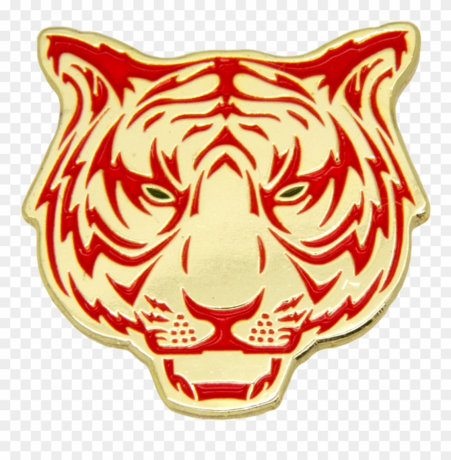 Tiger Head Pin, Gold/red - Tiger Head In Circle Clipart
