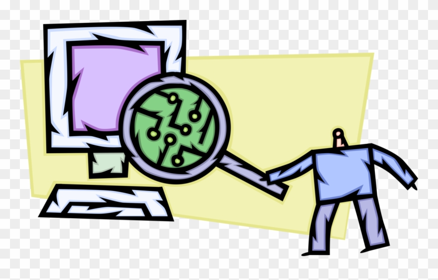 Vector Illustration Of Business Computer Technician - Magnifying Glass Clipart