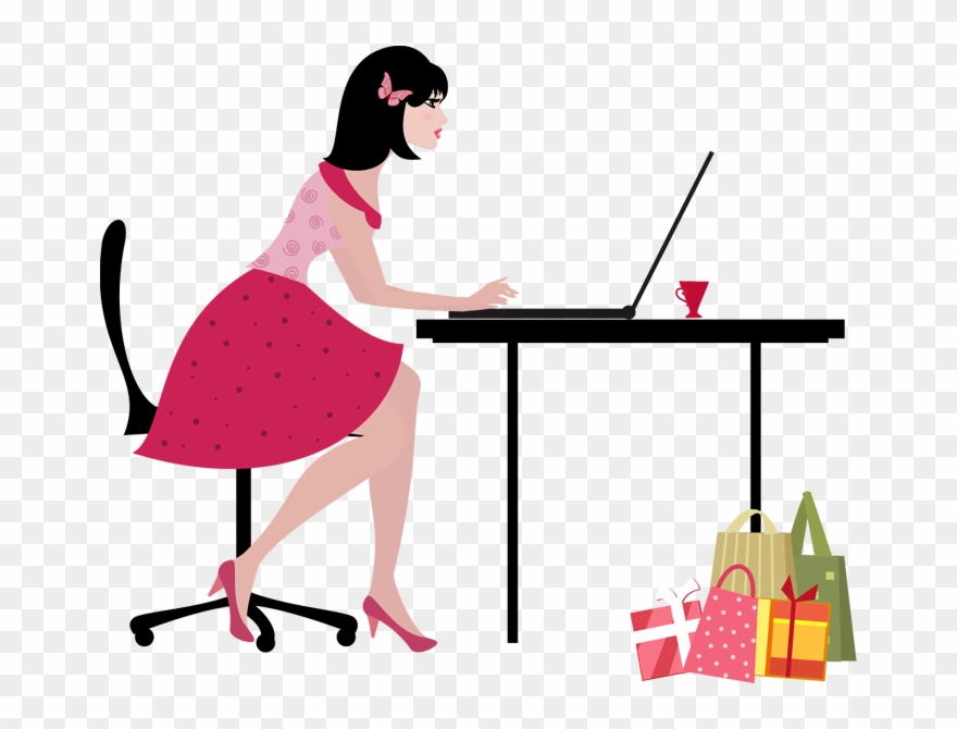 Cartoon Young Woman With Laptop Computer Shopping Online - Компьютер Для Женщин Clipart