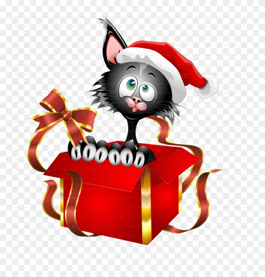 Christmas Gift Kitten Full Color Decal, Kitten Full - Funny Cat Cartoon On Christmas Gift Card Clipart