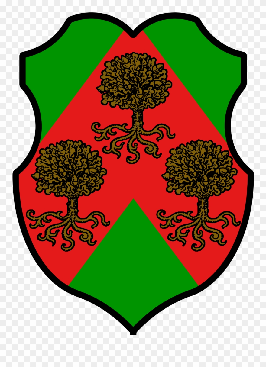 Vert, Over A Chevron Gules Three Oak Tree Eradicateds Clipart