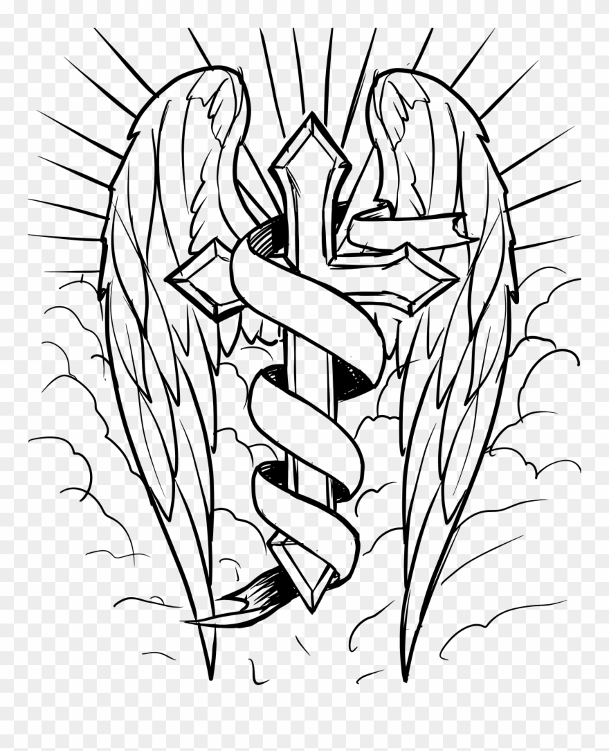 Wings Clipart Line Art - Cross With Wings Drawings - Png Download