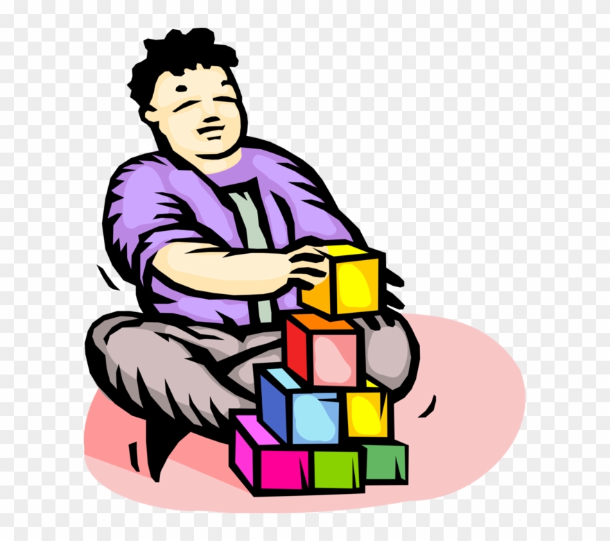 Vector Illustration Of Child Plays With Building Blocks - Illustration Clipart