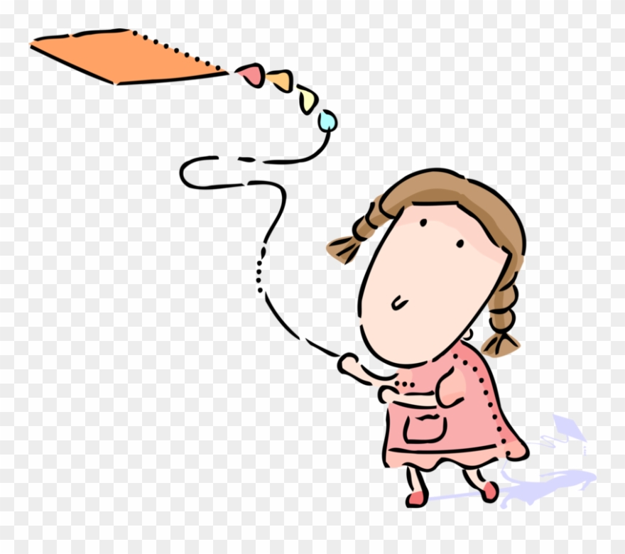 Vector Illustration Of Young Child Plays Outdoors Flying - Cartoon Clipart