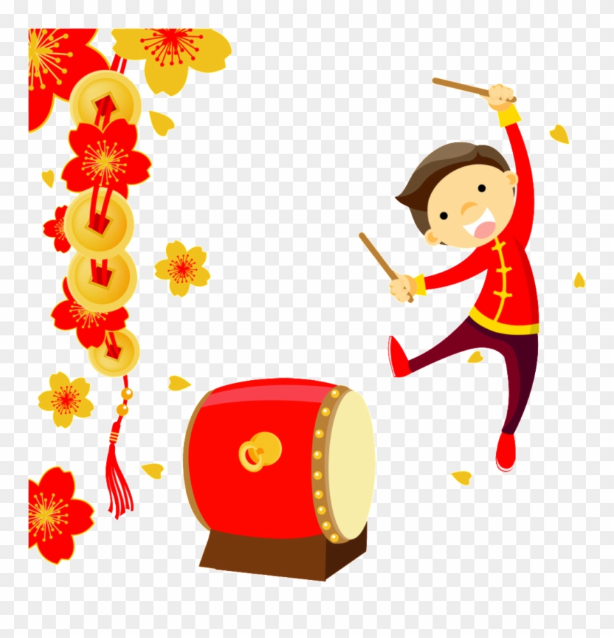 Knocking Drums To Welcome New Year Element Design - Chinese New Year Lion Free Vector Clipart