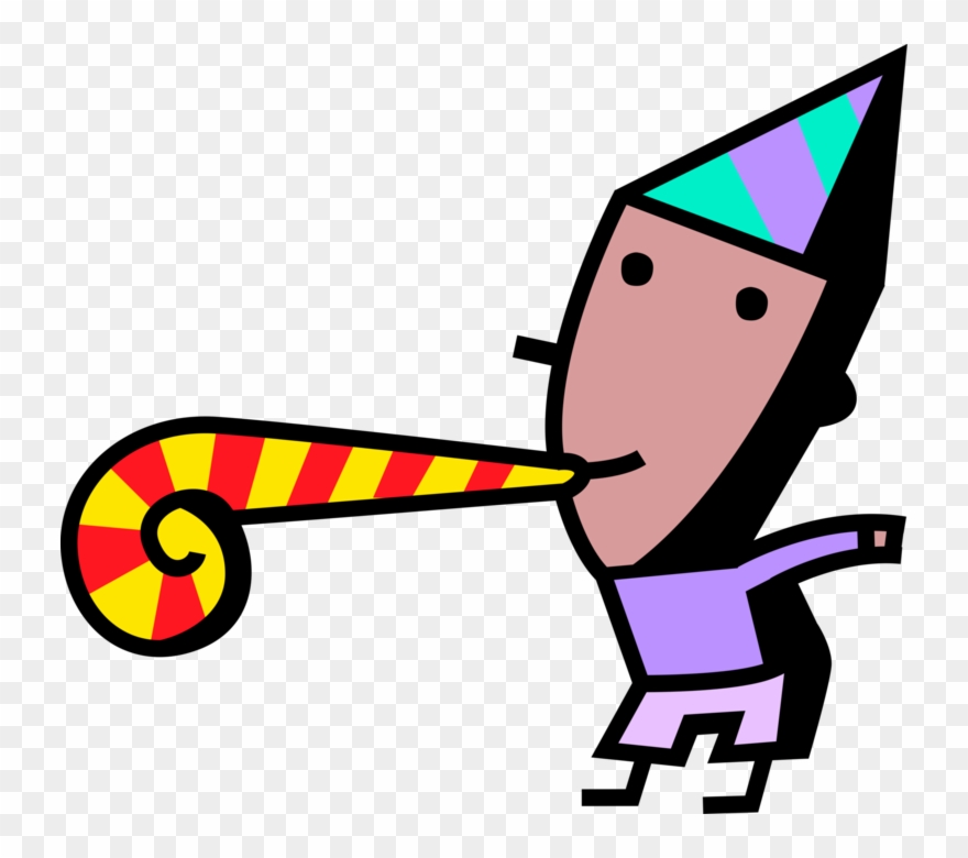 Vector Illustration Of Birthday Boy Blows Party Noisemaker - Vector Graphics Clipart