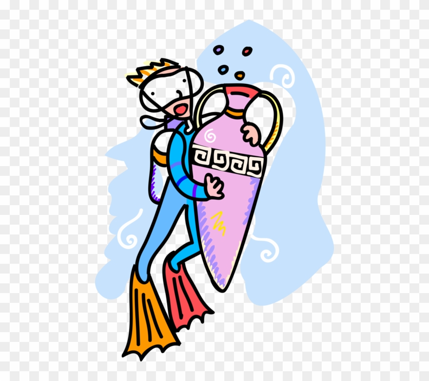 Vector Illustration Of Scuba Diver With Ceramic Amphora - Illustration Clipart