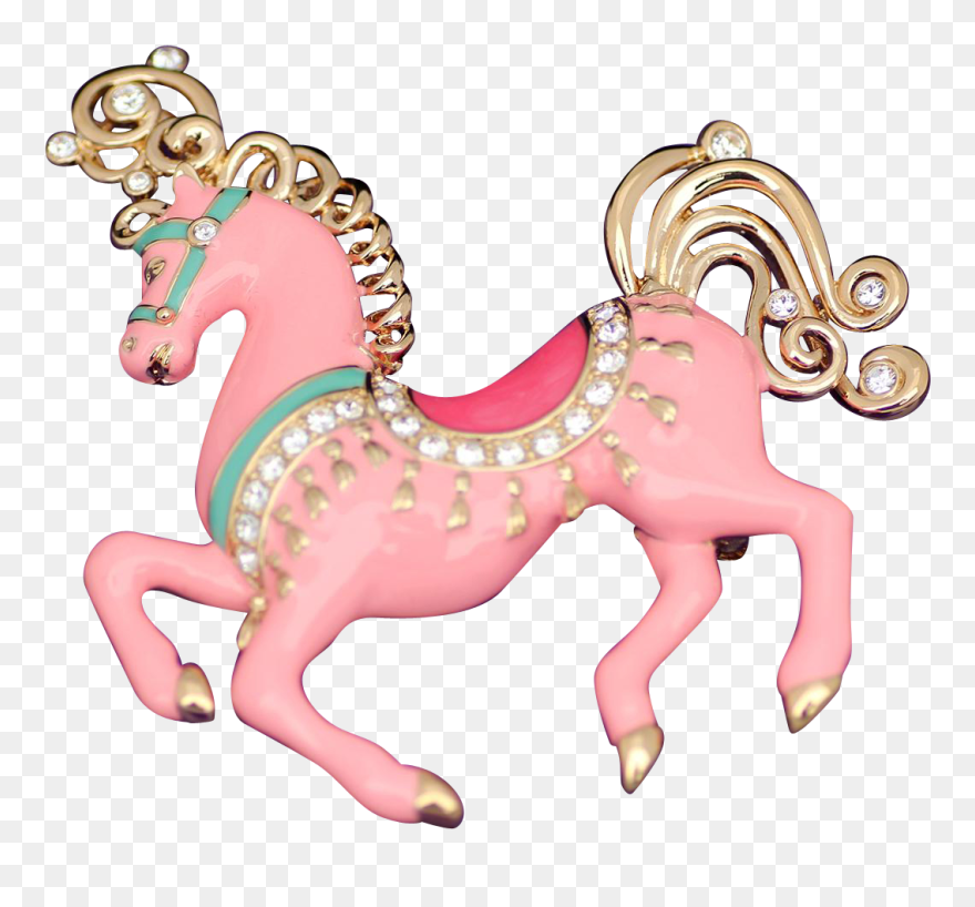 Bob Mackie Pink Enamel Rhinestone Carousel Horse Brooch - Pony Carousel Horse Png Clipart